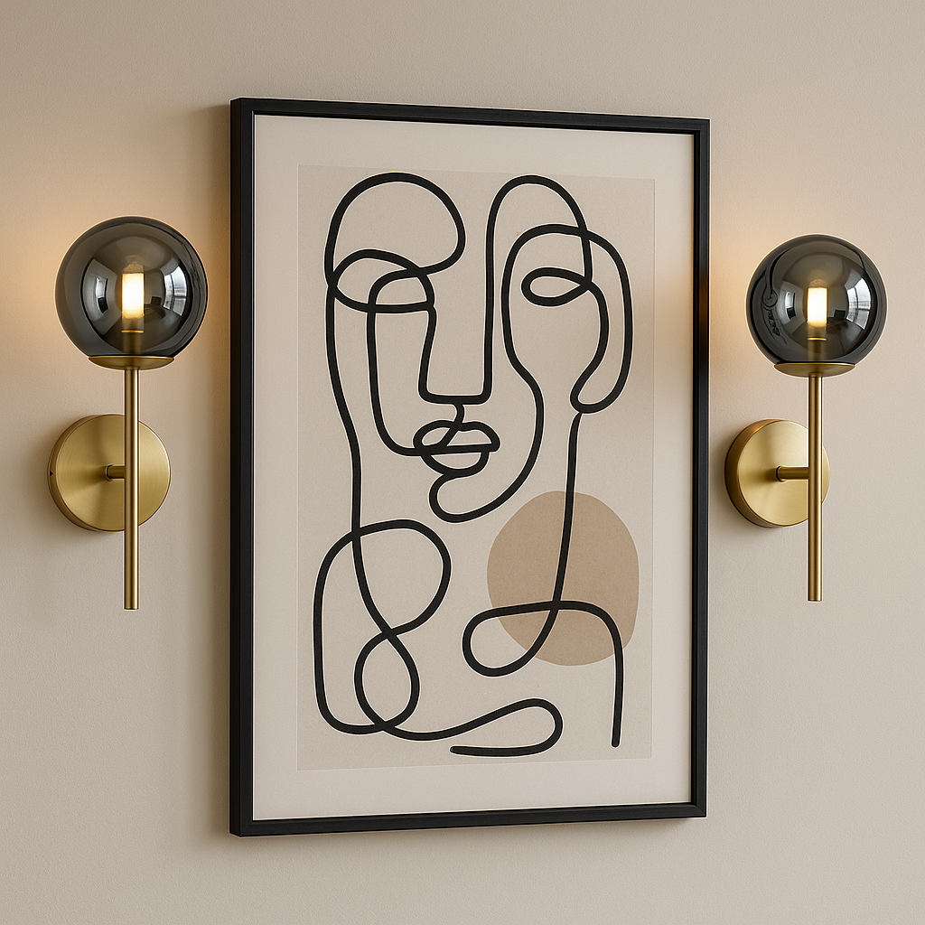 Pair of Melbourne gold wall lights with smoked glass framing modern artwork