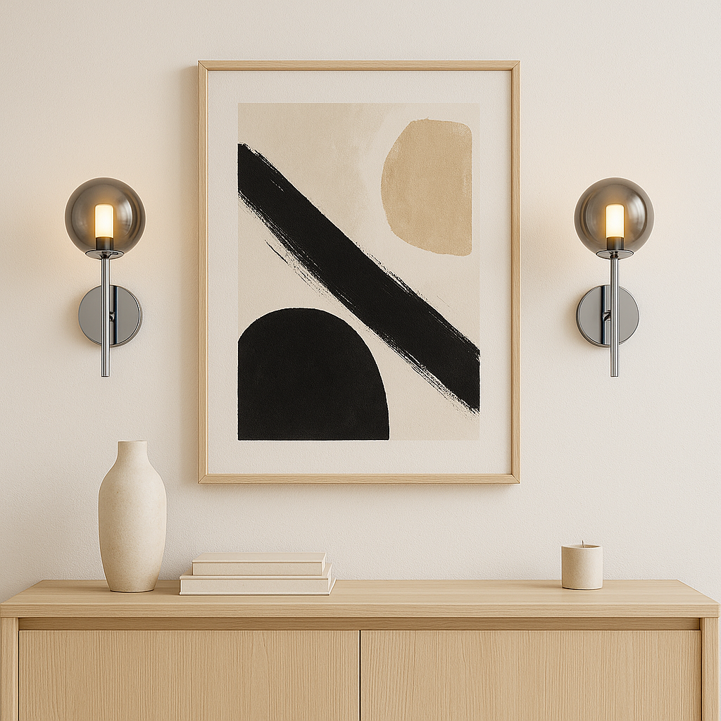 Melbourne silver wall lights with smoked glass framing abstract art in Nordic living room