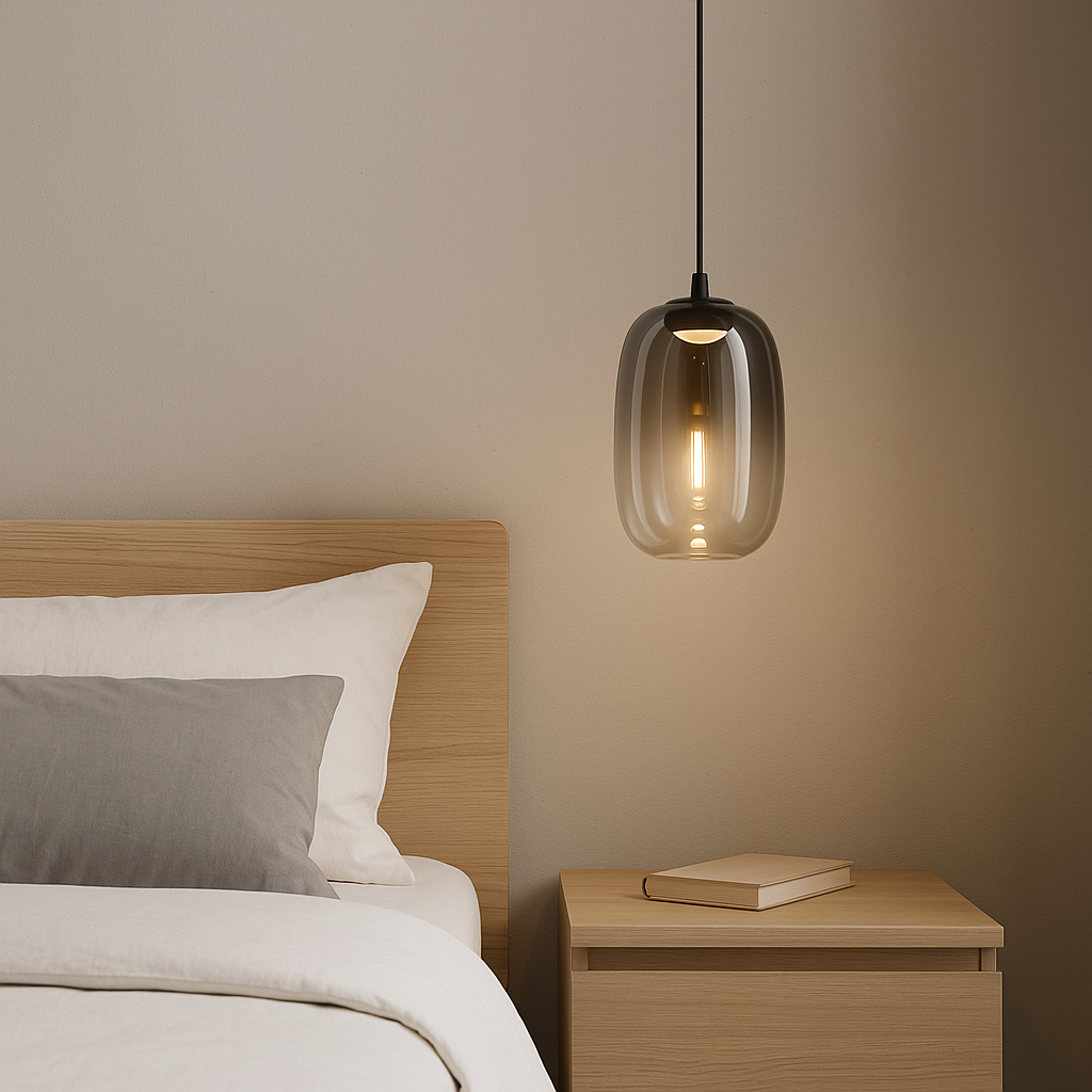 Modern bedroom with smoked glass mini pendant light used as a bedside lamp above a wooden nightstand.