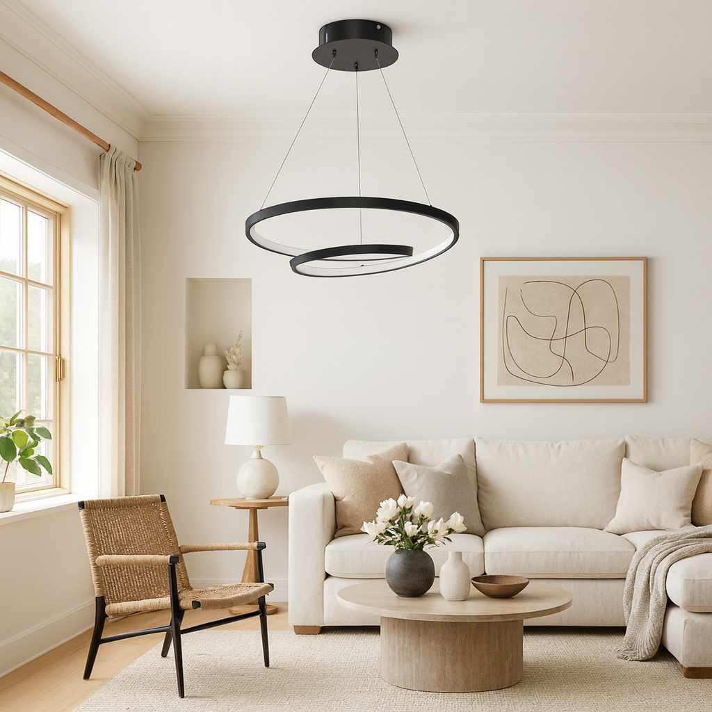 modern black double ring pendant light in Scandi living room