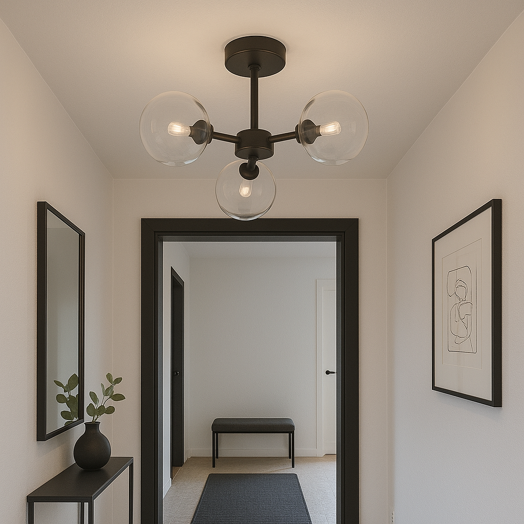 Modern hallway with black 3 light semi-flush ceiling light featuring clear glass globes and G9 bulbs.