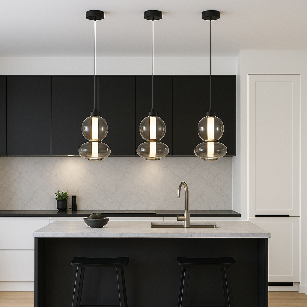 Modern kitchen with black accents featuring three 20cm glass pendant lights hanging proportionally over a small island.