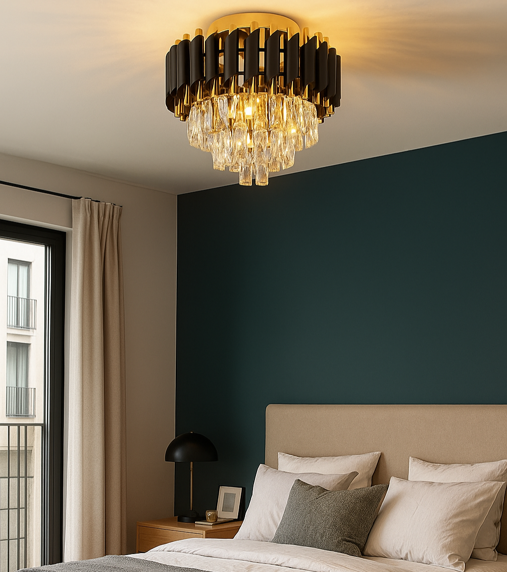 Moura Black & Gold Flush ceiling light with polished gold and matte black finish, featuring three tiers of suspended crystal glass.