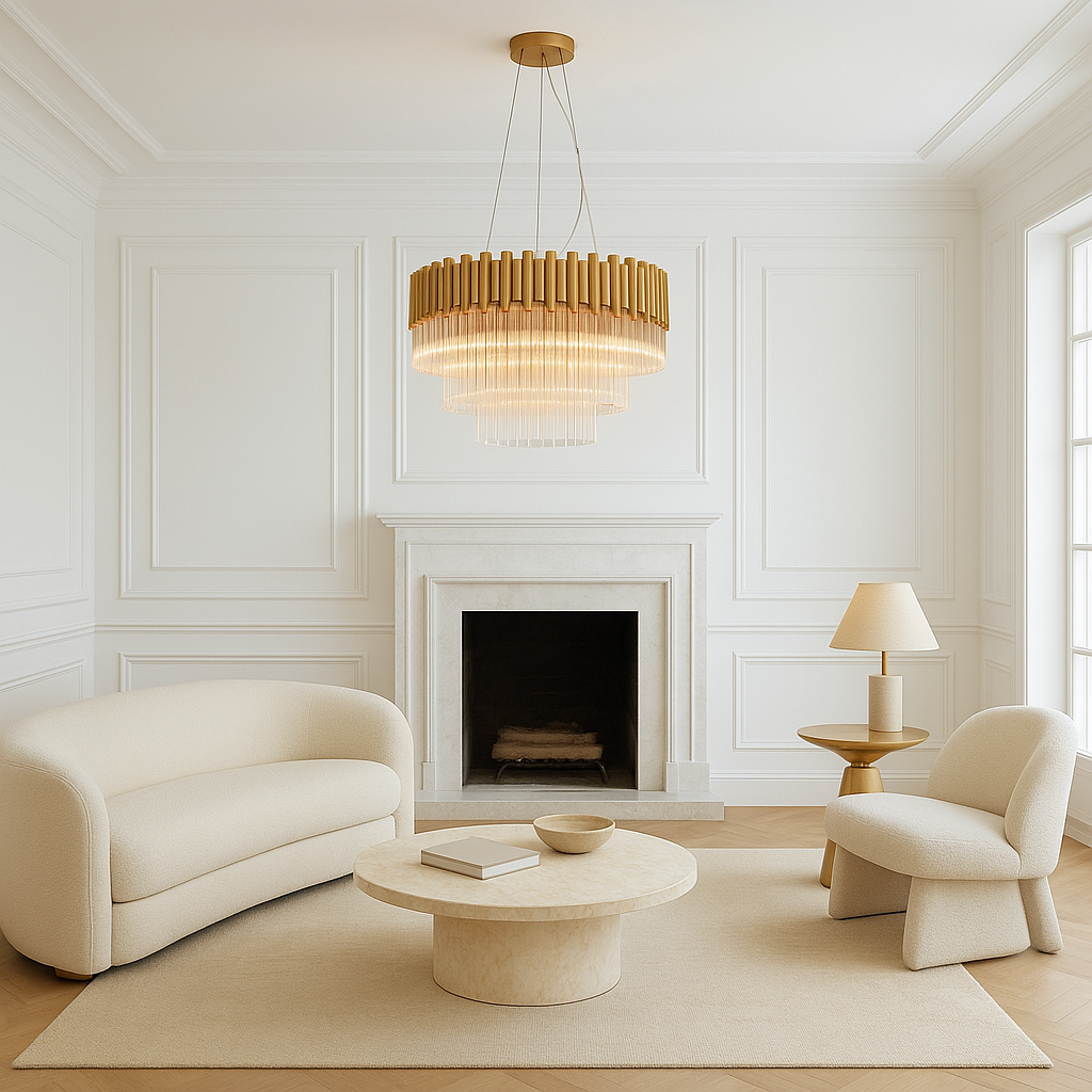Murcia chandelier in white panelled living room