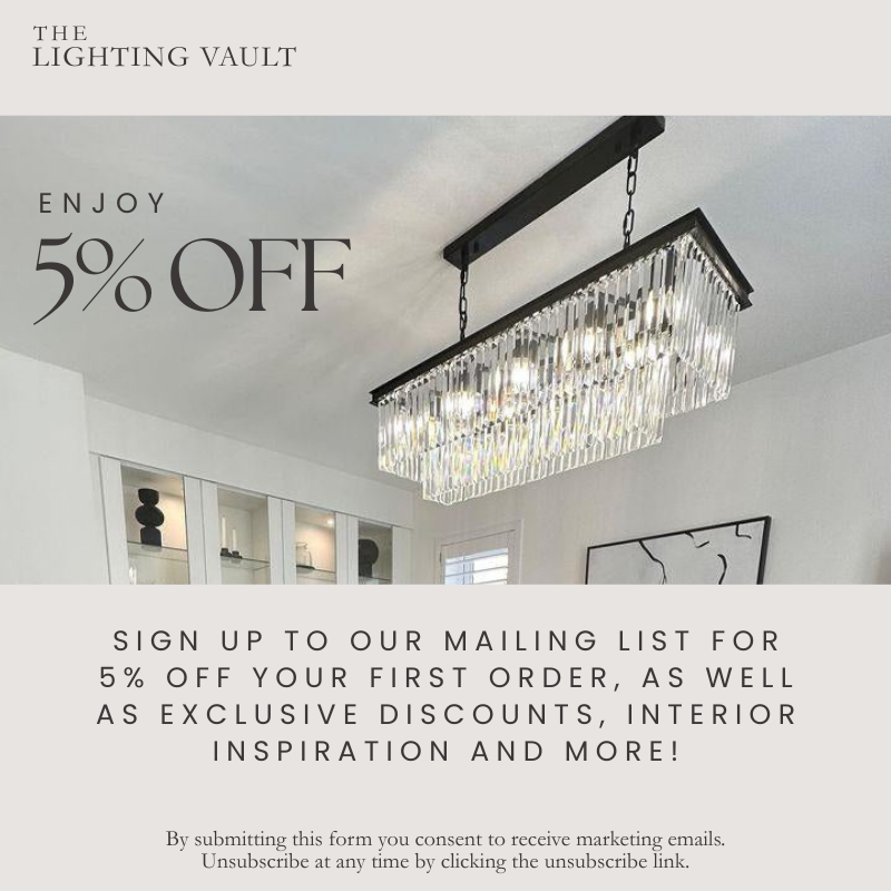 Join The Lighting Vault newsletter – 5% off first order. Luxury crystal rectangular chandelier in modern dining room scene.