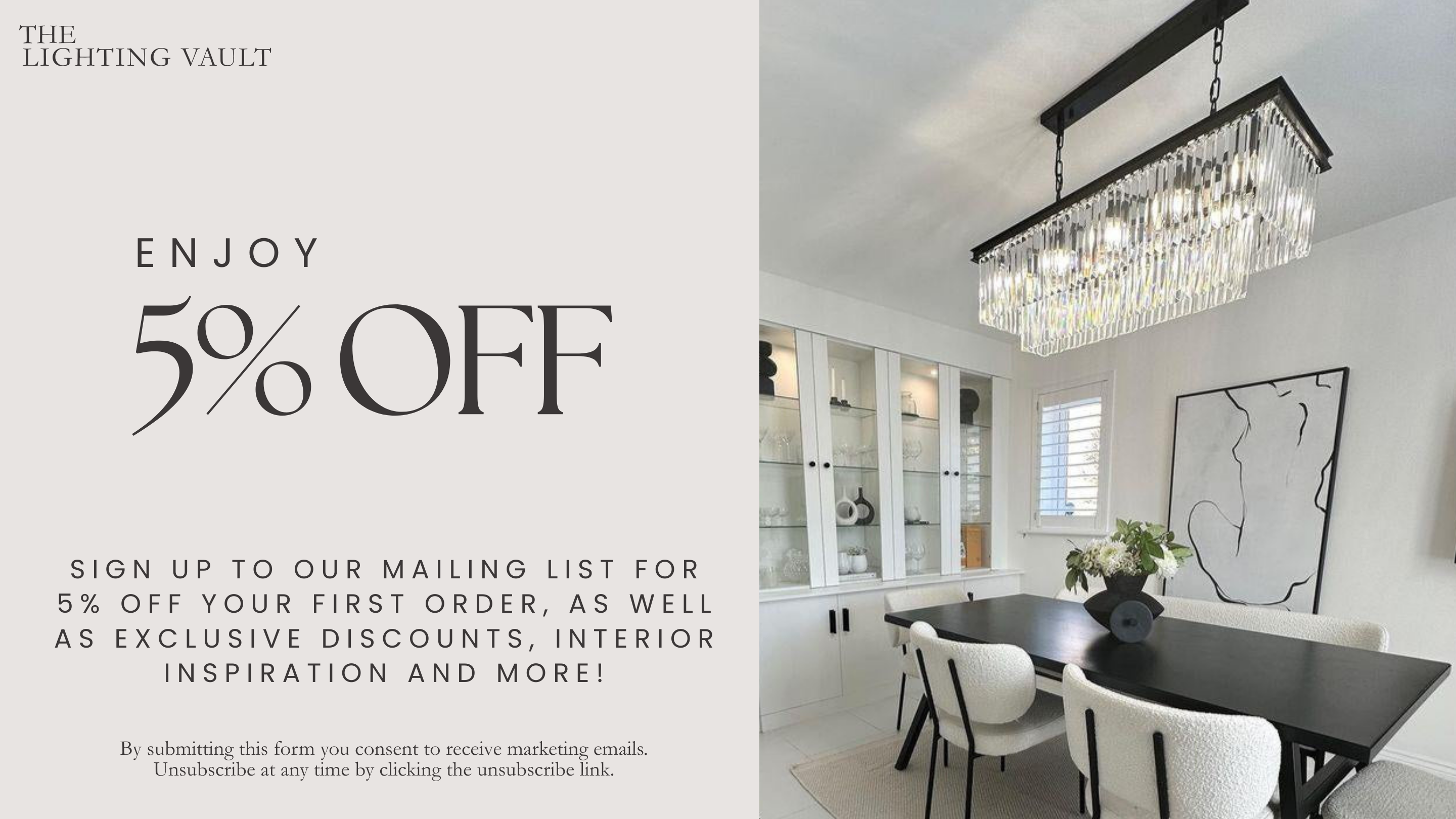 Luxury crystal rectangular chandelier above modern dining table – 5% off newsletter sign up banner from The Lighting Vault