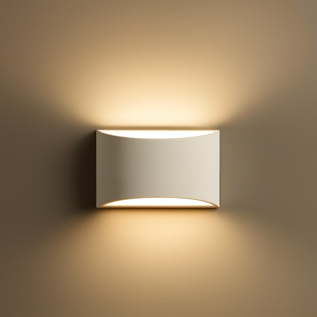 Nova Lighting Batlow small wall light in paintable ceramic plaster casting soft up and down glow on neutral wall
