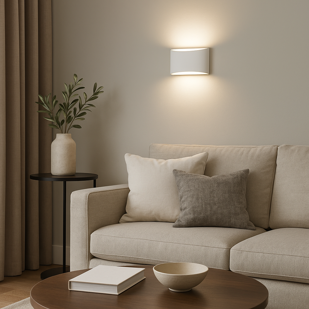 Nova Lighting Batlow small wall light in paintable ceramic plaster casting soft glow in a modern neutral living room above sofa