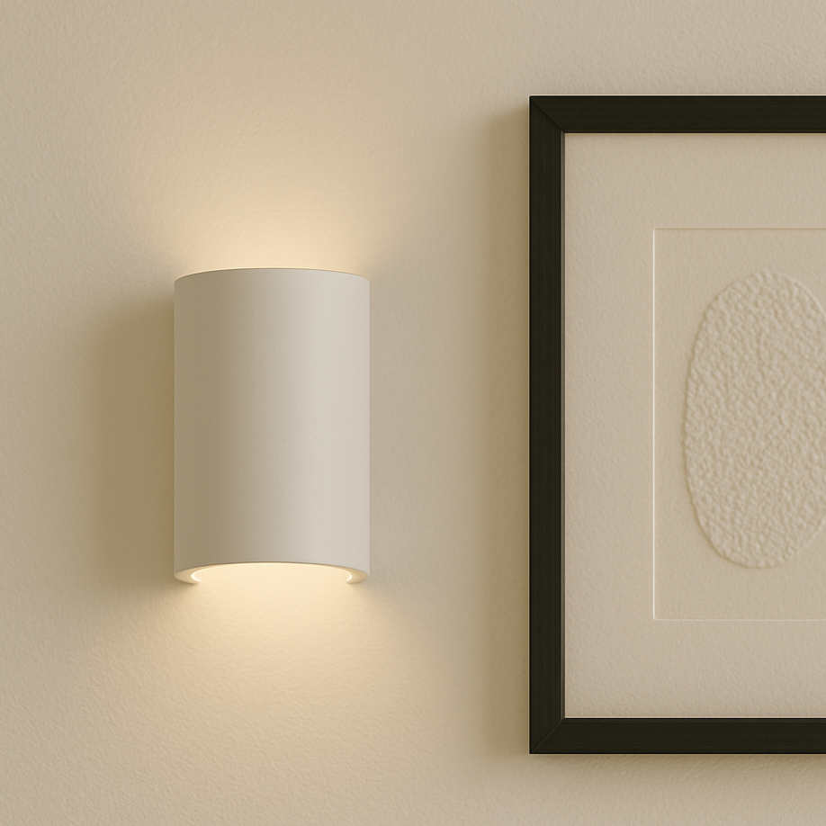 Parkes paintable ceramic-plaster wall light with up-and-down subtle glow, minimalist modern design
