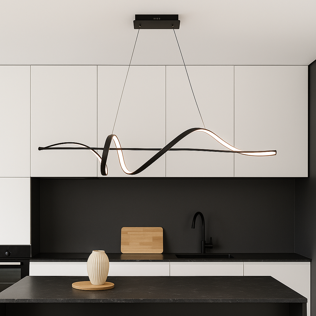 parma LED pendant bar hanging above a modern kitchen island with white cabinets and black accents.