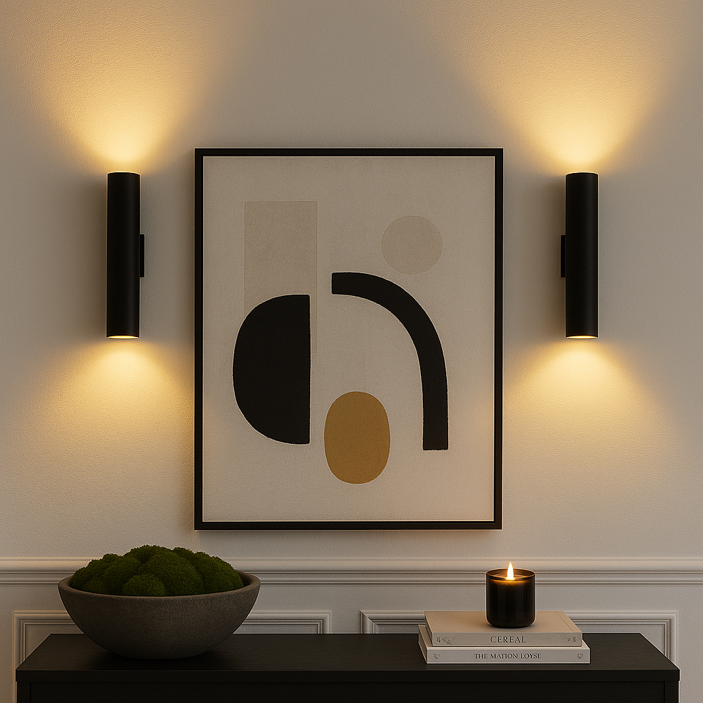 Pictou black wall lights with abstract artwork above black console table