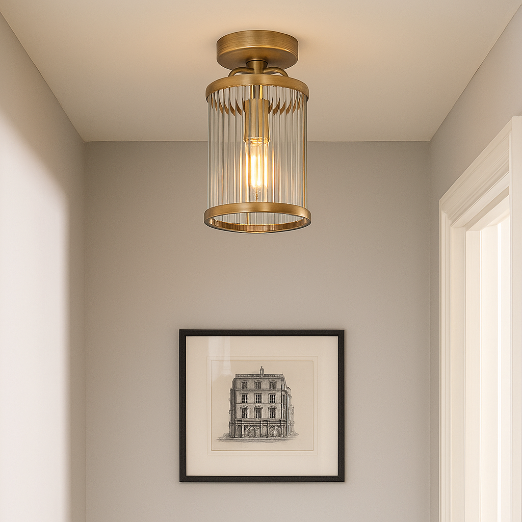 ribbed glass ceiling light with round brass plate in hallway
