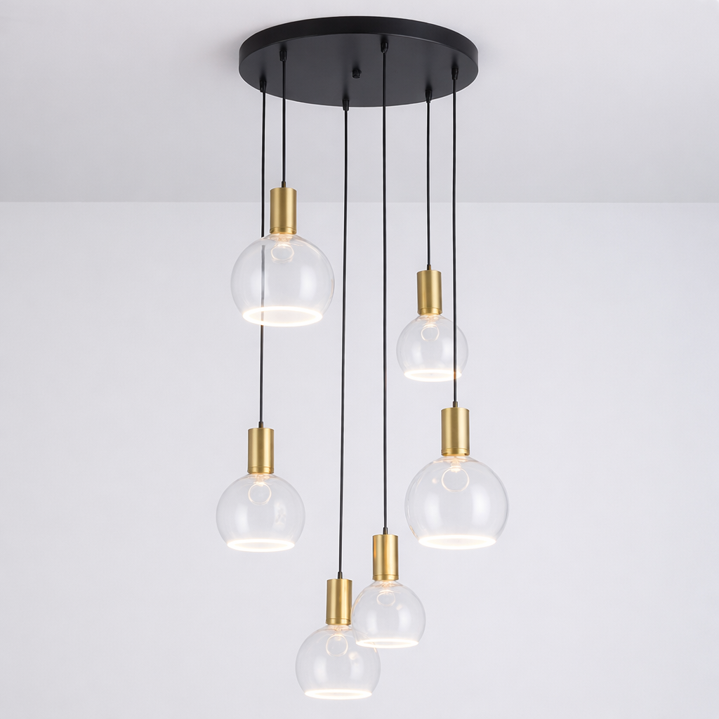 Roma 6lt spiral clear glass pendant brushed gold