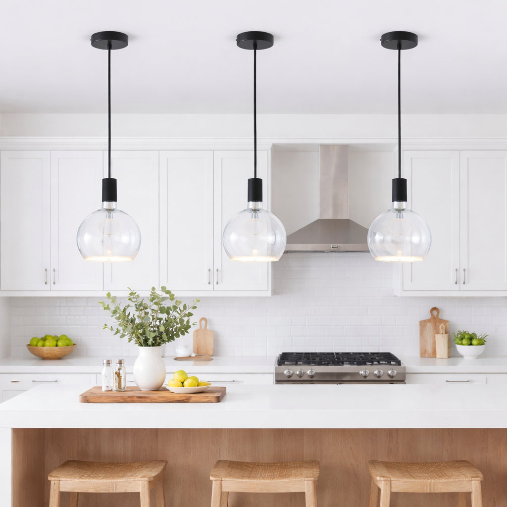 Roma black pendant clear bulb over kitchen island
