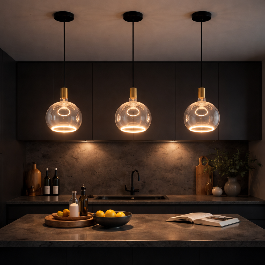 Roma gold clear glass pendant over kitchen island