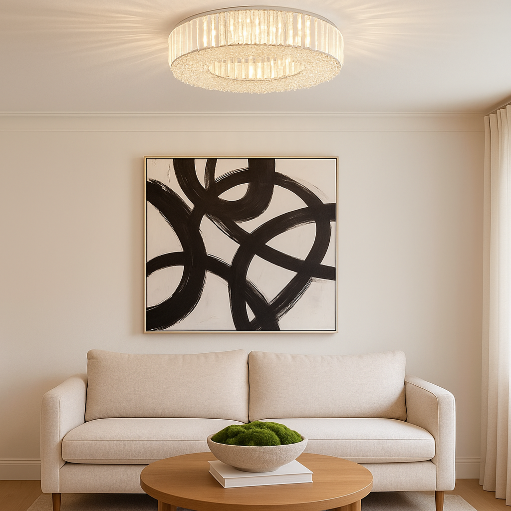 Salzburg Large Polo Flush crystal ceiling light, 60cm wide, styled in a modern luxury living room with neutral sofa, moss bowl coffee table, and abstract artwork.