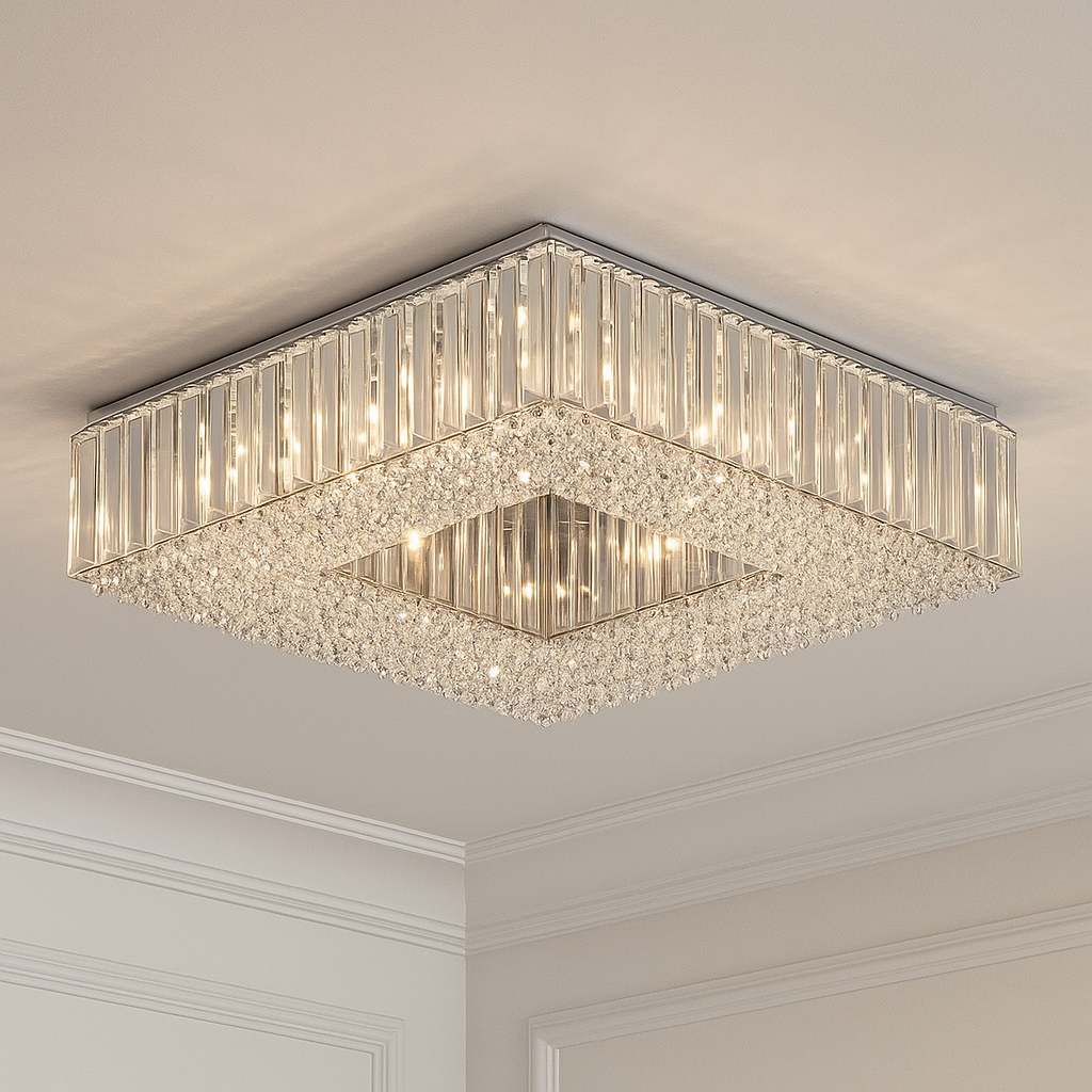 Salzburg Large Square Flush crystal ceiling light in chrome with 3500K neutral glow.
