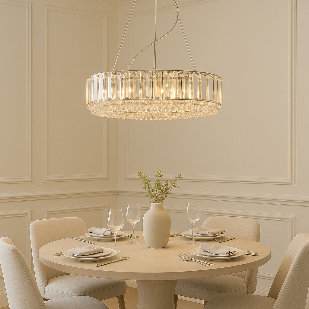 Salzburg round crystal chandelier 60cm above round dining table.