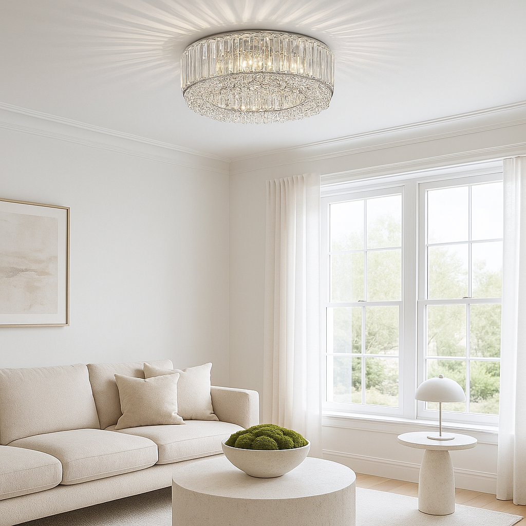 Salzburg Small crystal flush ceiling light, 45cm wide, in a modern light and airy living room setting.