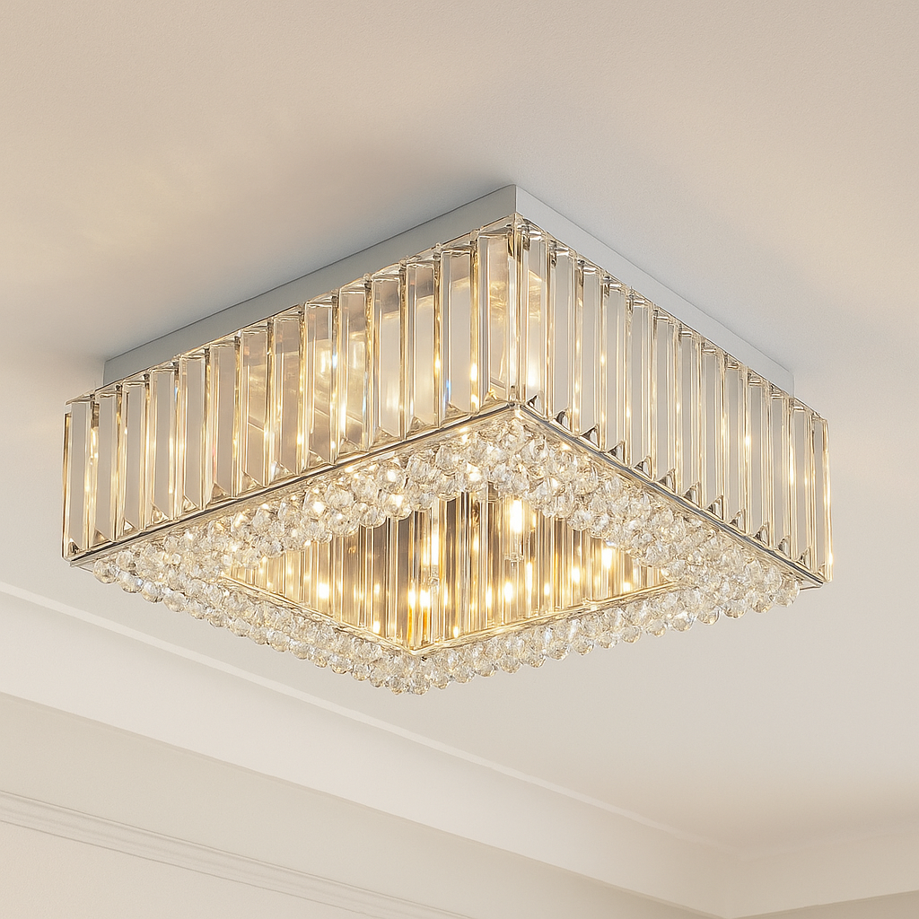 Salzburg Small Square Flush crystal ceiling light, 45cm.
