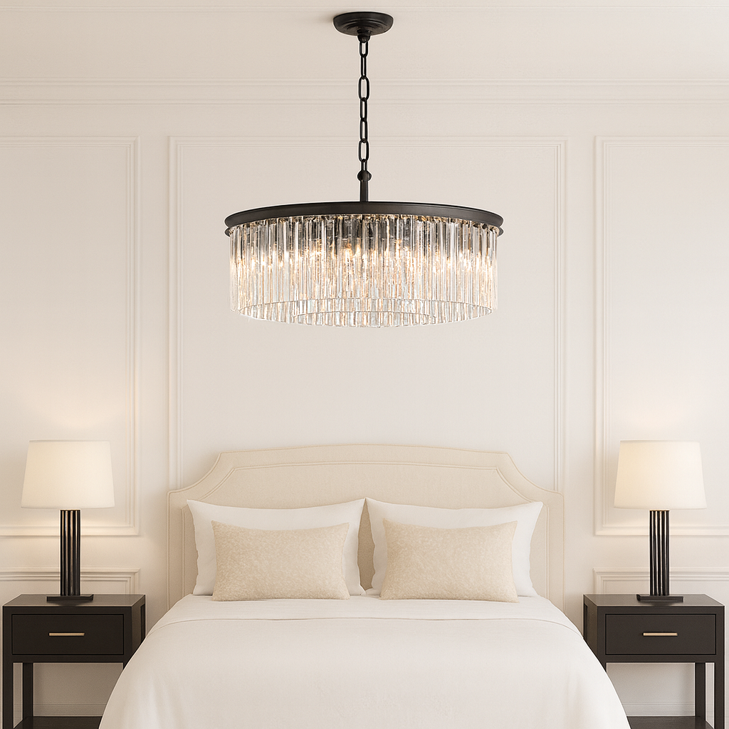 Seville 60cm crystal chandelier with black frame and double ring crystals