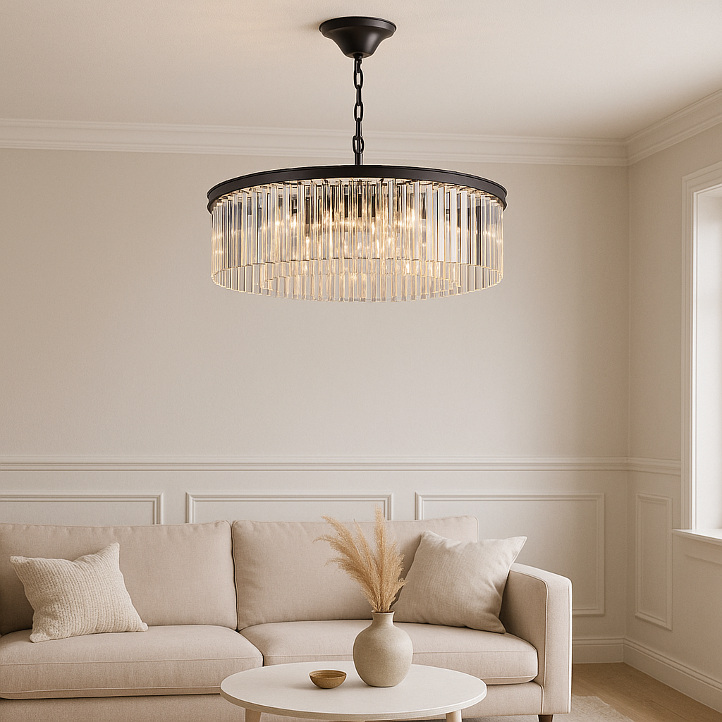 Seville black crystal chandelier in luxury living room with white panelled walls