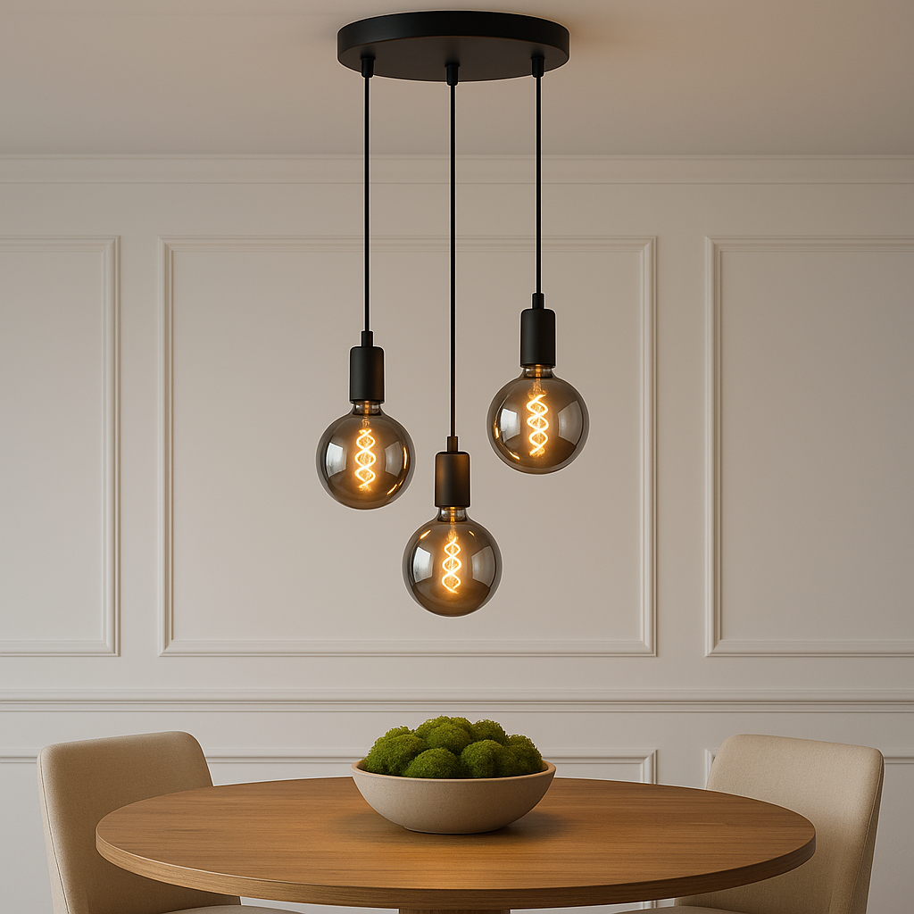 Tiber 3 light black pendant with smoked chrome bulbs 2200K