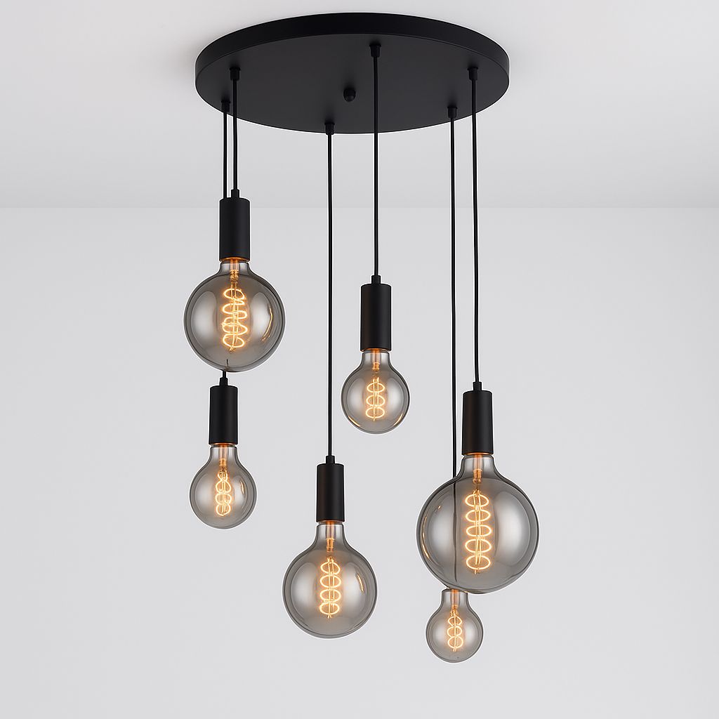 Tiber 6 light black pendant with Roma bulbs