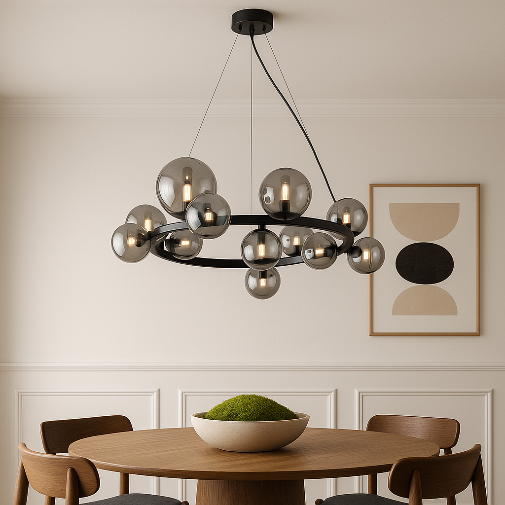 Valetta chandelier with smoky glass globes hanging above a round Nordic dining table with moss bowl and modern artwork.