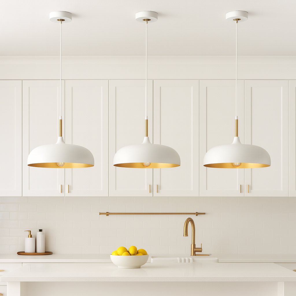 Luxury kitchen with three white and gold pendant lights over island, white shaker cabinets, gold accents and modern design.